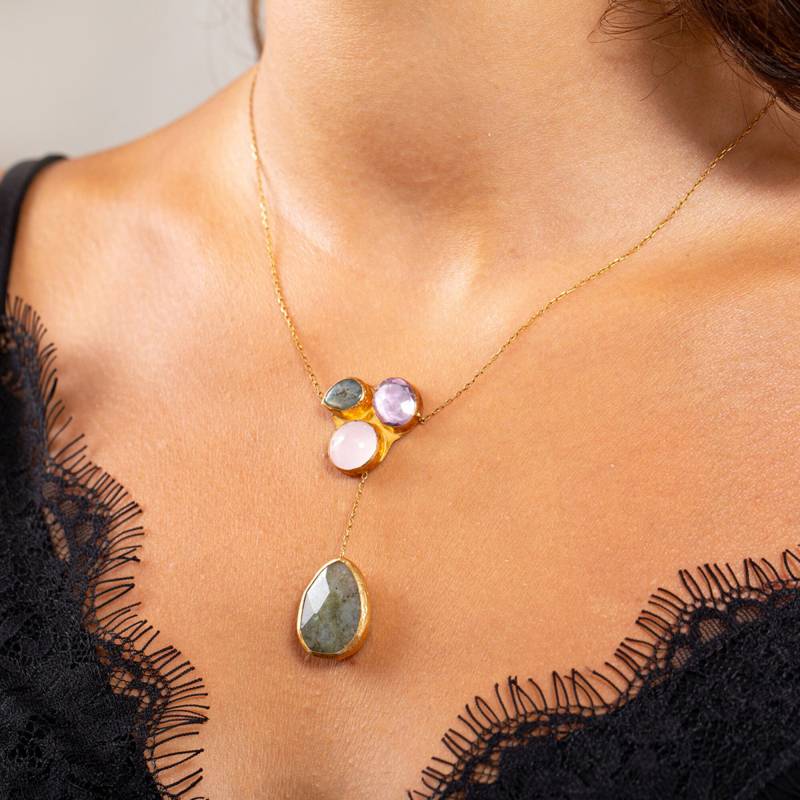 Amethyst, Rosa Quarz & Labradorit Halskette Sterling Silber Edelstein Gruppe von toosis