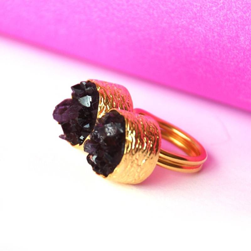 Handgefertigter Duo Roher Amethyst Ring Gold & Sterling Silber von toosis