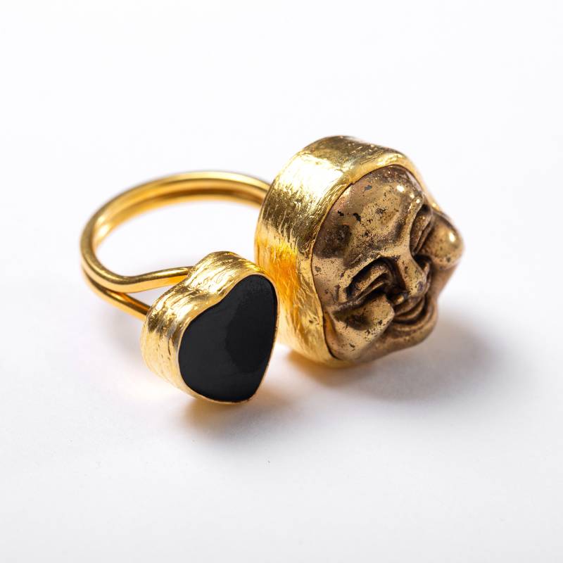 sterling Silber Buddha Ring Geschnitzter Pyrit & Schwarzes Onyx Herz von toosis