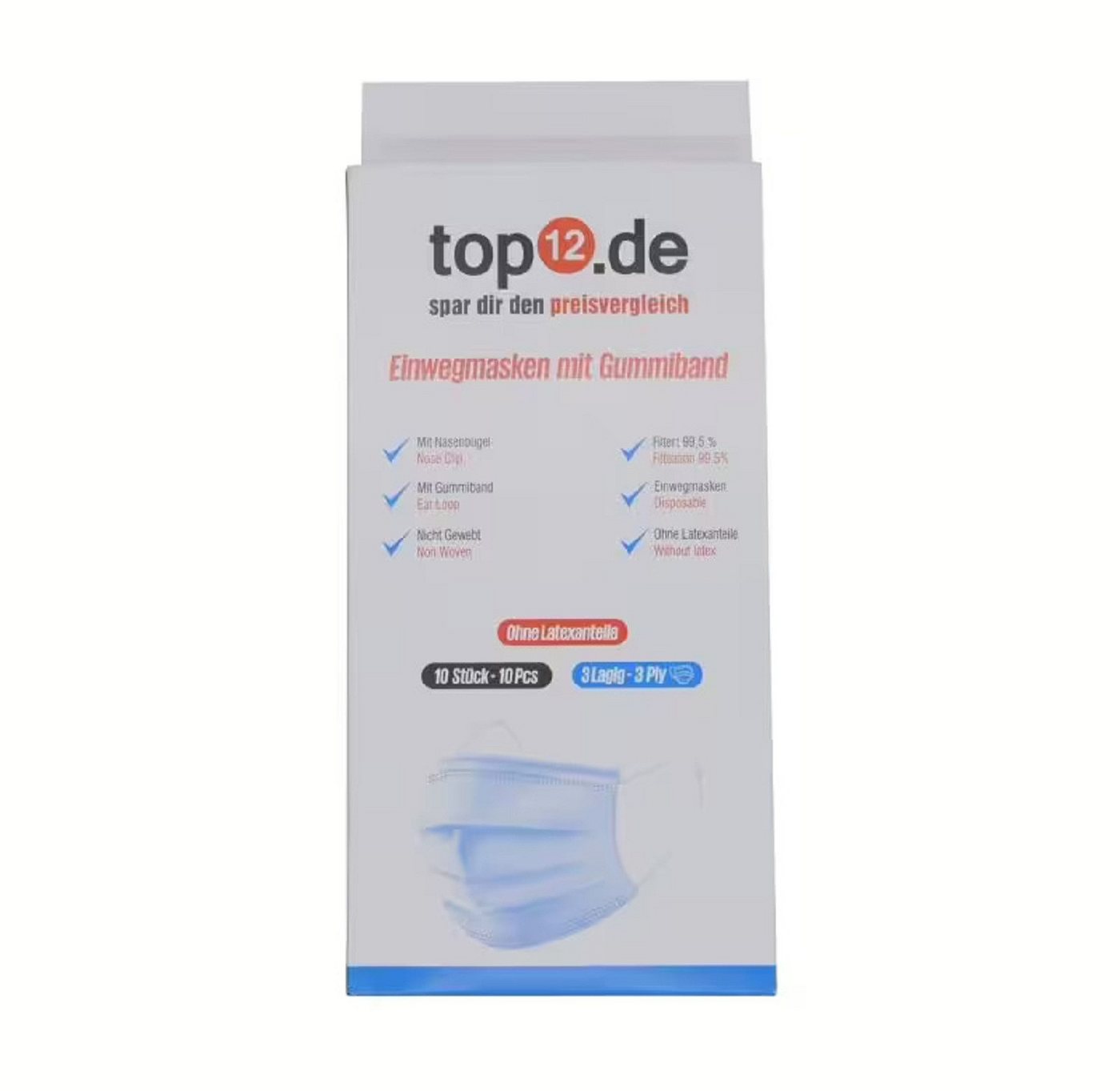 top12.de Mund-Nasen-Masken Mund-Nasen-Schutz 50er Set Typ II blau 3-lagig Einwegmaske, 10-St., Hautfreundlich, atmungsaktiv, hygienisch verpackt von top12.de
