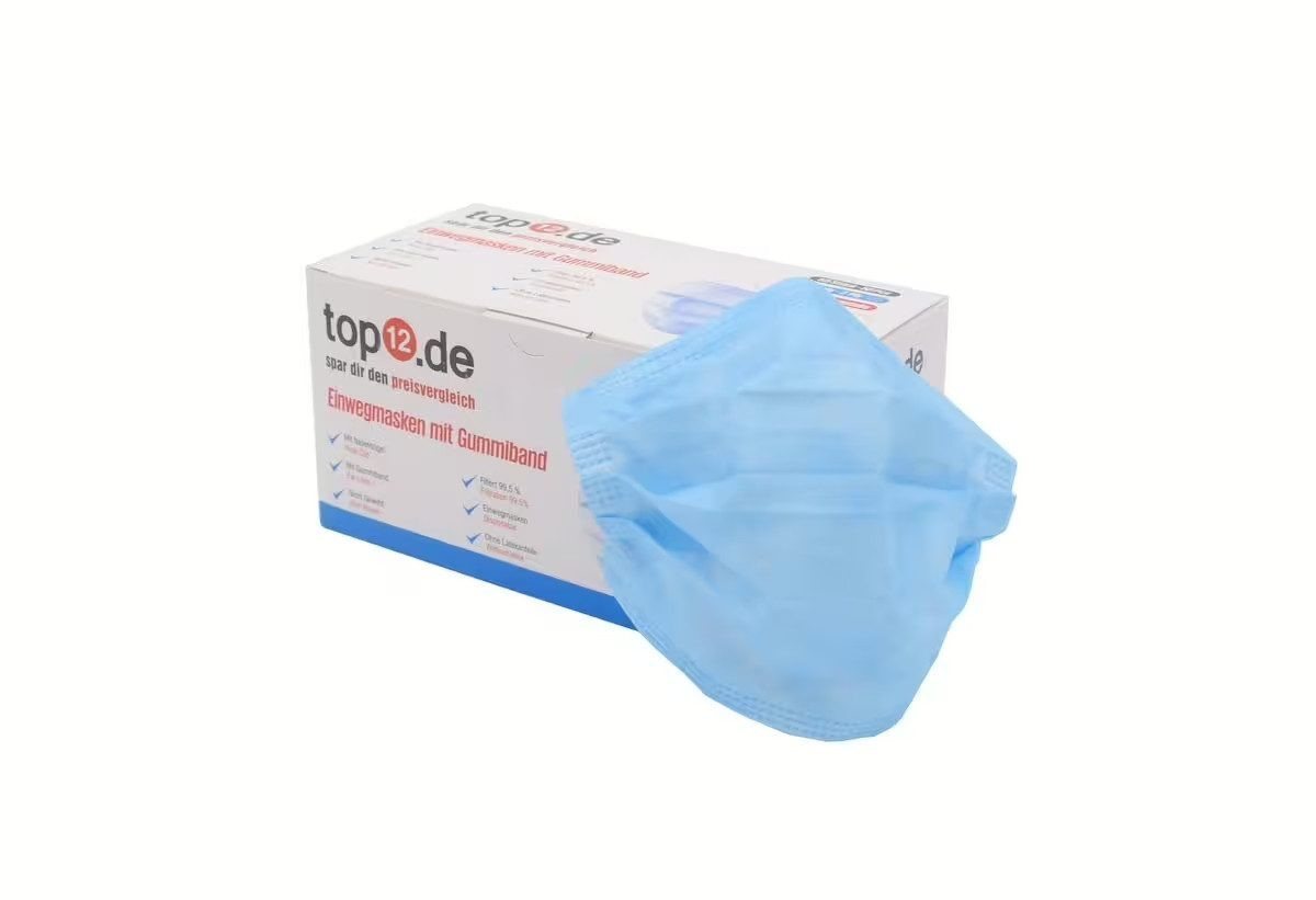 top12.de Mund-Nasen-Masken Mund-Nasen-Schutz 50er Set Typ II blau 3-lagig Einwegmaske, 50-St., Hautfreundlich, atmungsaktiv, hygienisch verpackt von top12.de
