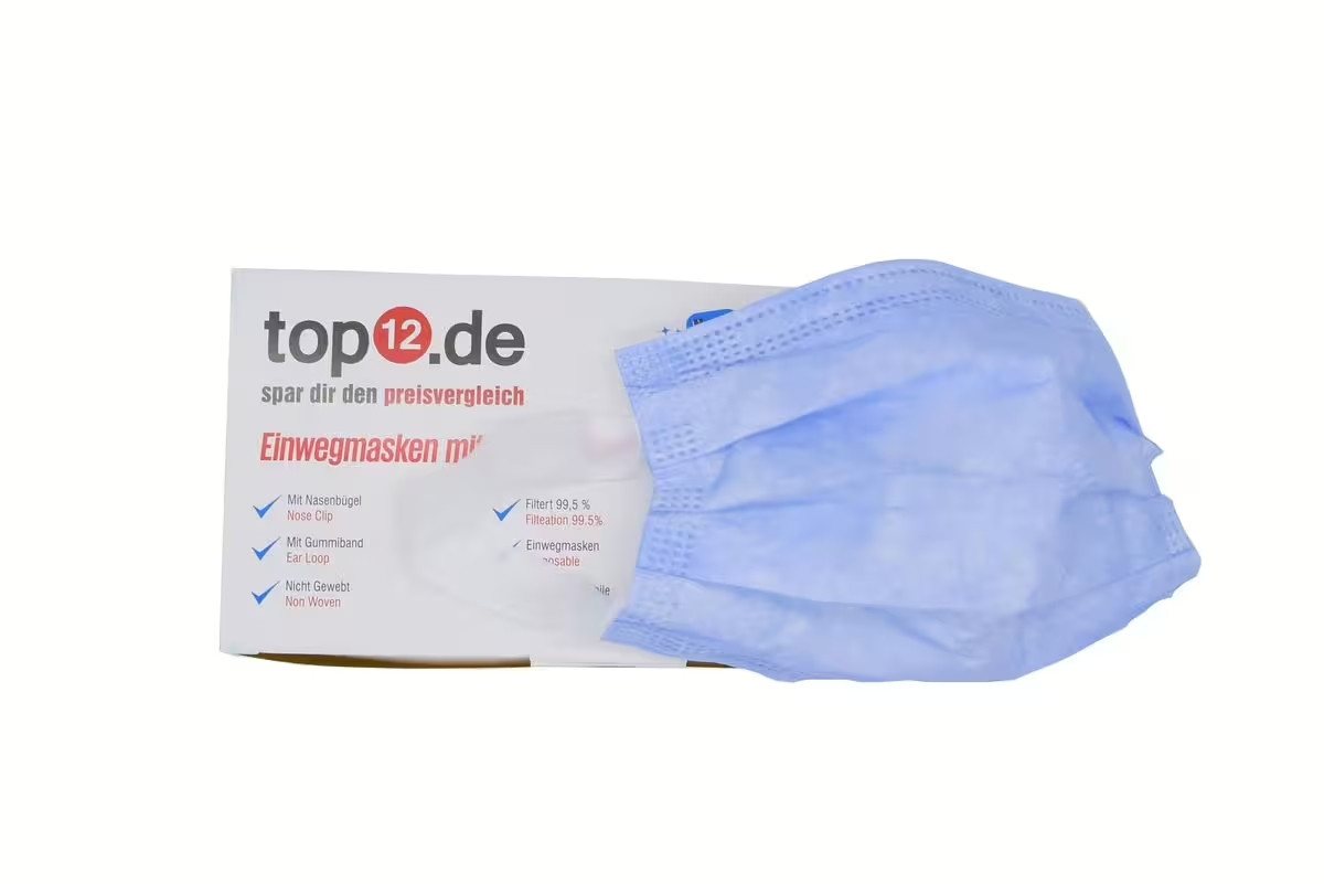 top12.de Mund-Nasen-Masken Mund-Nasen-Schutz 50er Set Typ II blau weiches Gummiband Einwegmaske, 50-St., Hautfreundlich, atmungsaktiv, hygienisch verpackt von top12.de