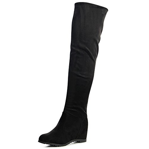 topschuhe24 1233 Damen Overknee Stiefel Overknees Keilabsatz Velours, Farbe:Schwarz, Größe:38 EU von topschuhe24