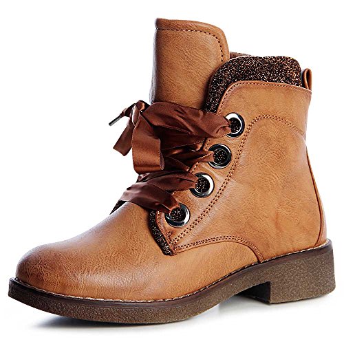 topschuhe24 1239 Damen Worker Boots Stiefeletten Satin Glitzer Warm, Größe:37 EU, Farbe:Camel von topschuhe24