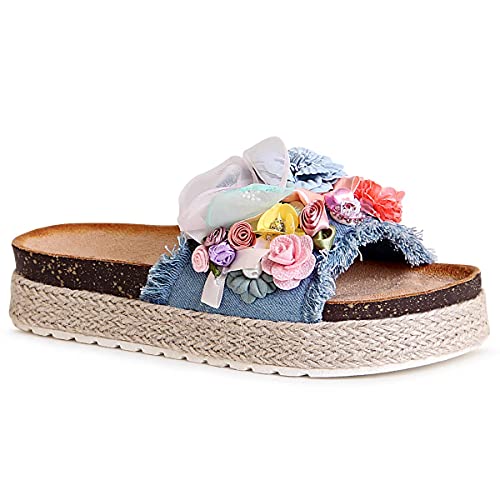 topschuhe24 1820 Damen Plateau Sandalen Pantoletten Blume, Farbe:Blau, Größe:36 EU von topschuhe24