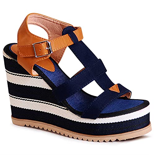 topschuhe24 2108 Keilabsatz Sandaletten Riemchen Sandalen, Farbe:Blau, Größe:40 EU von topschuhe24