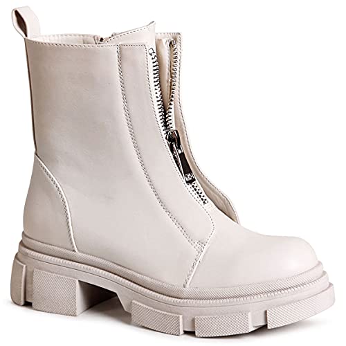 topschuhe24 2196 Damen Plateau Stiefeletten Worker Biker Boots, Farbe:Beige, Größe:40 EU von topschuhe24