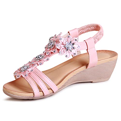 topschuhe24 2448 Damen Keilabsatz Sandalen Riemchen Sandaletten Glitzer, Farbe:Rosa, Größe:38 EU von topschuhe24