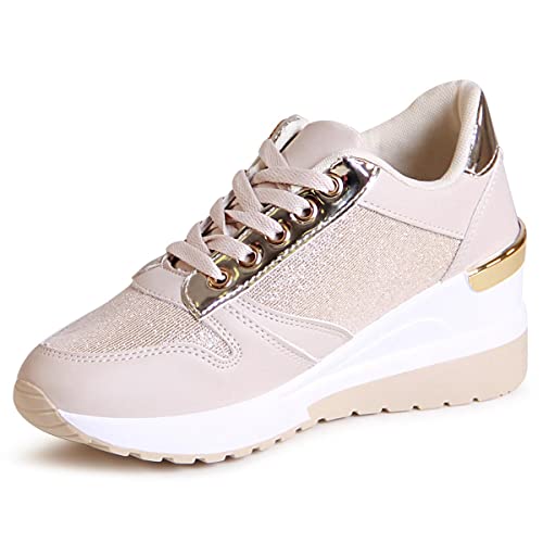 topschuhe24 2465 Damen Keil Sneaker Plateau Halbschuhe Glitzer, Farbe:Beige, Größe:40 EU von topschuhe24