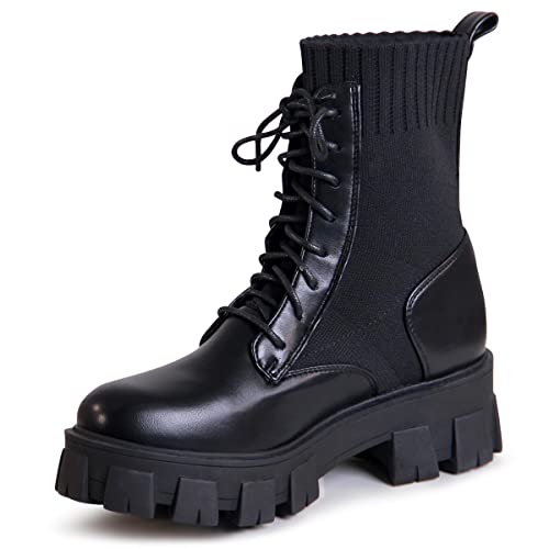 topschuhe24 2549 Damen Plateau Stiefeletten Strick Worker Biker Boots, Farbe:Schwarz, Größe:37 EU von topschuhe24