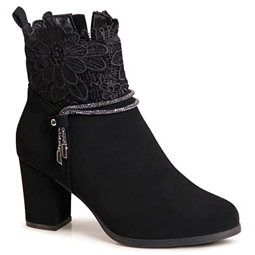 topschuhe24 2587 Damen Velours Stiefeletten Ankle Boots Spitzenoptik, Farbe:Schwarz, Größe:38 EU von topschuhe24