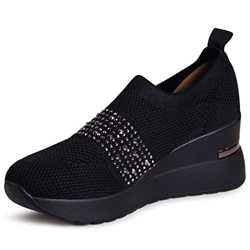 topschuhe24 2686 Damen Keil Sneaker Glitzer Light Slipper, Farbe:Schwarz, Größe:38 EU von topschuhe24