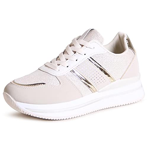 topschuhe24 2693 Damen Plateau Sneaker Glitzer Halbschuhe, Farbe:Beige, Größe:38 EU von topschuhe24