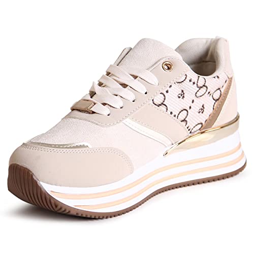 topschuhe24 2723 Damen Plateau Sneaker Print Halbschuhe, Farbe:Beige, Größe:39 EU von topschuhe24