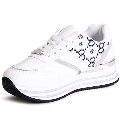 topschuhe24 2723 Damen Plateau Sneaker Print Halbschuhe, Farbe:Weiß, Größe:39 EU von topschuhe24
