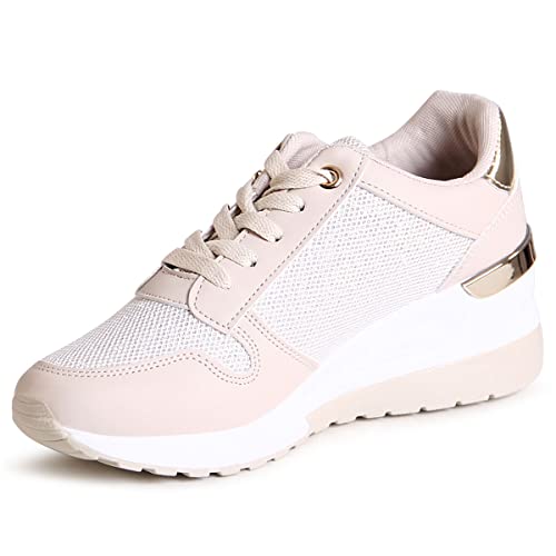 topschuhe24 2731 Damen Keilabsatz Sneaker Glitzer Plateau Halbschuhe, Farbe:Beige, Größe:38 EU von topschuhe24