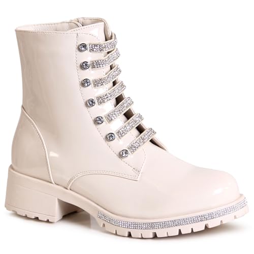 topschuhe24 2859 Damen Lack Stiefeletten Glitzer Worker Biker Boots, Farbe:Beige, Größe:37 EU von topschuhe24