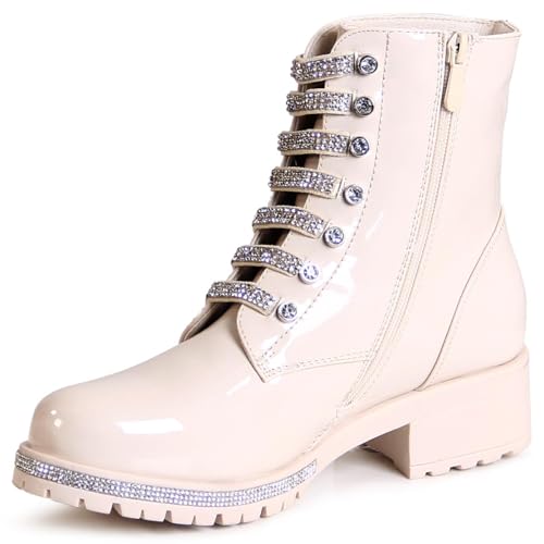 topschuhe24 2859 Damen Lack Stiefeletten Glitzer Worker Biker Boots, Farbe:Beige, Größe:38 EU von topschuhe24