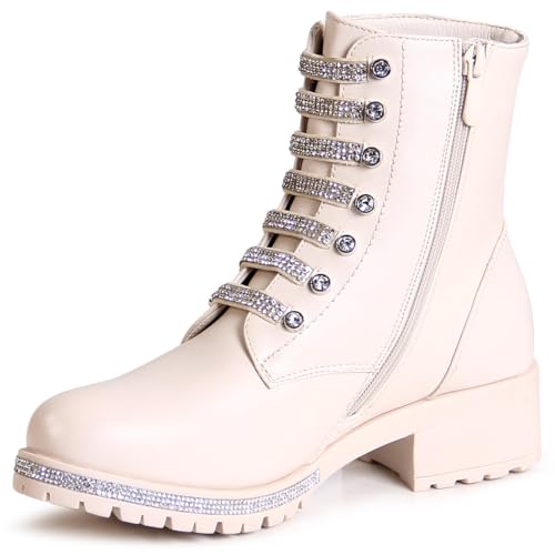 topschuhe24 2861 Damen Plateau Stiefeletten Glitzer Worker Biker Boots, Farbe:Beige, Größe:38 EU von topschuhe24