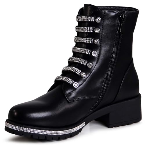 topschuhe24 2861 Damen Plateau Stiefeletten Glitzer Worker Biker Boots, Farbe:Schwarz, Größe:36 EU von topschuhe24