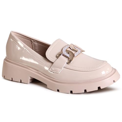 topschuhe24 2869 Damen Lack Halbschuhe Plateau Slipper Glitzer, Farbe:Beige, Größe:39 EU von topschuhe24