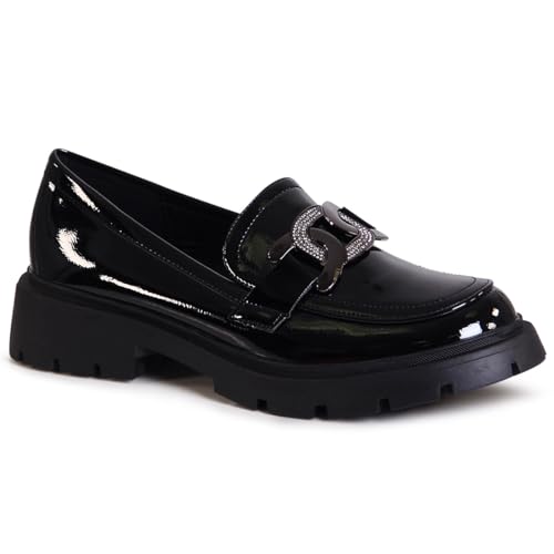 topschuhe24 2869 Damen Lack Halbschuhe Plateau Slipper Glitzer, Farbe:Schwarz, Größe:38 EU von topschuhe24