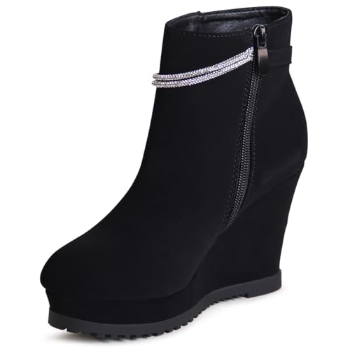 topschuhe24 2885 Damen Keilabsatz Stiefeletten Plateau Velours Booties, Farbe:Schwarz, Größe:36 EU von topschuhe24