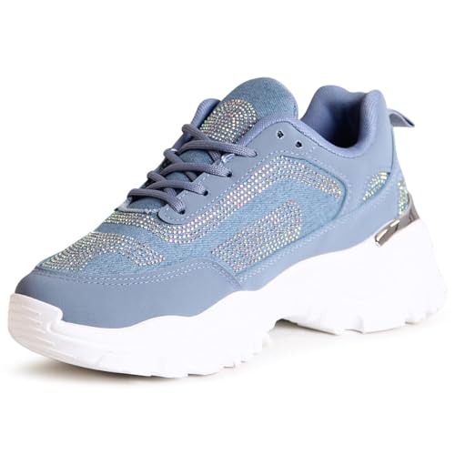 topschuhe24 2893 Damen Plateau Sneaker Glitzer Turnschuhe, Farbe:Blau, Größe:39 EU von topschuhe24