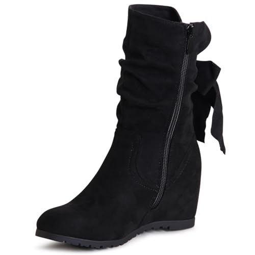 topschuhe24 2909 Damen Keilabsatz Stiefel Velours Waden Boots, Farbe:Schwarz, Größe:39 EU von topschuhe24