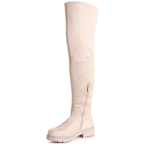 topschuhe24 2911 Damen Velours Overknee Stiefel Plateau Glitzer Boots, Farbe:Beige, Größe:38 EU von topschuhe24