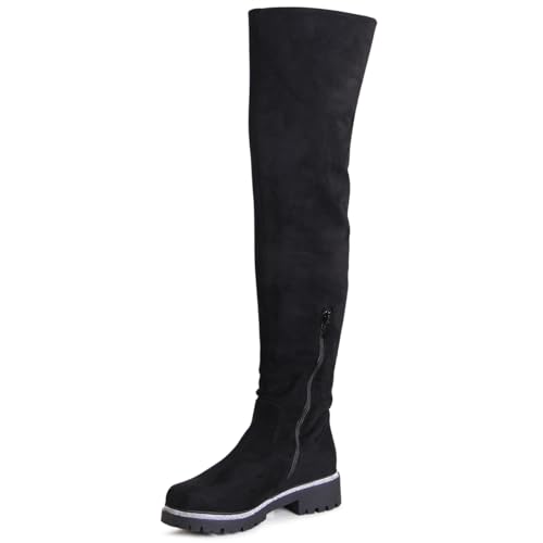 topschuhe24 2911 Damen Velours Overknee Stiefel Plateau Glitzer Boots, Farbe:Schwarz, Größe:37 EU von topschuhe24