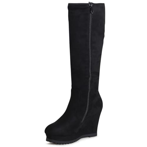 topschuhe24 2912 Damen Keilabsatz Stiefel Plateau Boots, Farbe:Schwarz, Größe:39 EU von topschuhe24