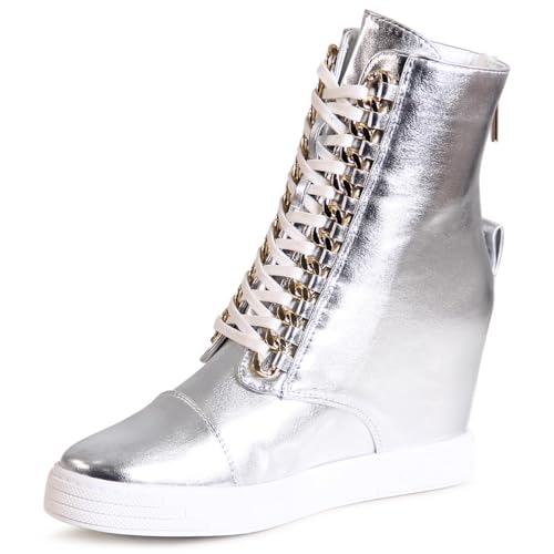 topschuhe24 2924 Damen Keilabsatz Stiefeletten Plateau Halbstiefel Sneaker, Farbe:Silber, Größe:40 EU von topschuhe24