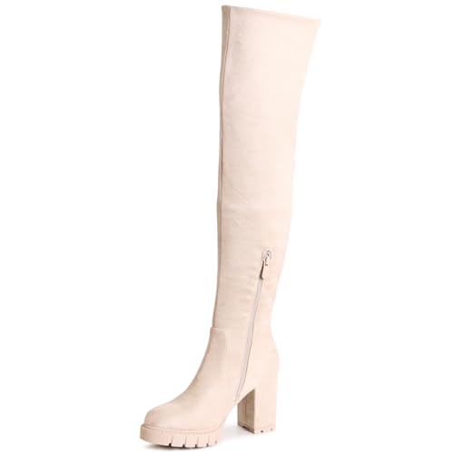 topschuhe24 2930 Damen Velours Overknee Stiefel Plateau Boots, Farbe:Beige, Größe:37 EU von topschuhe24