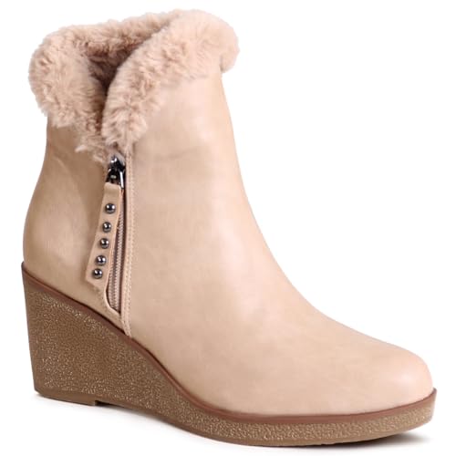 topschuhe24 2949 Damen Keilabsatz Stiefeletten Winter Booties, Farbe:Beige, Größe:39 EU von topschuhe24