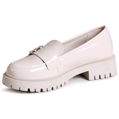 topschuhe24 2970 Damen Lack Halbschuhe Plateau Loafer, Farbe:Beige, Größe:39 EU von topschuhe24