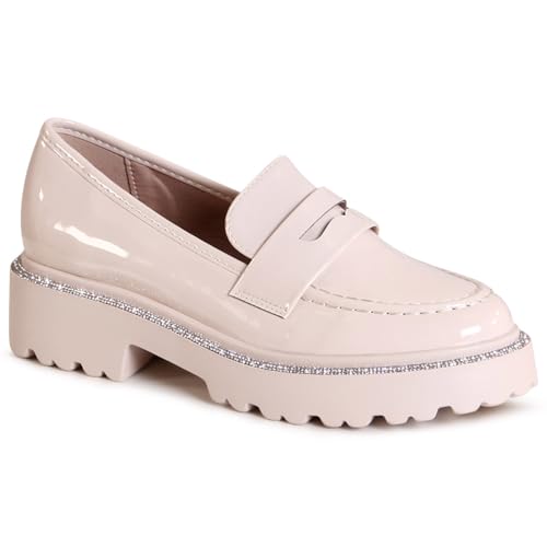 topschuhe24 3126 Damen Lack Halbschuhe Plateau Slipper Glitzer, Farbe:Beige, Größe:40 EU von topschuhe24