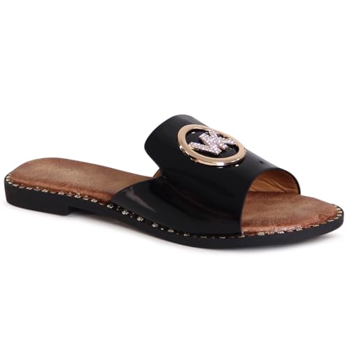 topschuhe24 3164 Damen Lack Pantoletten Glitzer Sandalen, Farbe:Schwarz, Größe:39 EU von topschuhe24