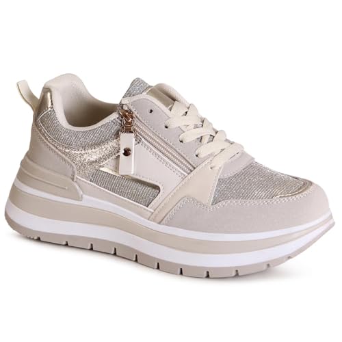 topschuhe24 3184 Damen Plateau Sneaker Glitzer, Farbe:Beige, Größe:41 EU von topschuhe24