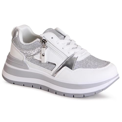 topschuhe24 3184 Damen Plateau Sneaker Glitzer, Farbe:Weiß, Größe:41 EU von topschuhe24