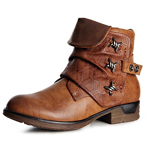 topschuhe24 965 Damen Biker Boots Stiefeletten Schnürer, Größe:36 EU, Farbe:Camel von topschuhe24