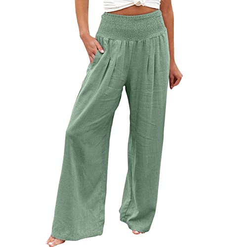 Angebote Damen Sale,Green-1,Damen Hose Leinenhose Baumwolle Leinen Stoffhose Freizeithose Sommerhose Pumphose Casual Einfarbig High Waist Stretch Mit Taschen Kleidung Sommer Hosen,M von topuersaiv