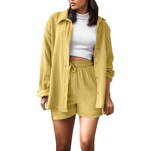 lounge set blusen outfit sommerkleid kleidung musselin bluse 2 teiler damen outfits hausanzug sommer zweiteiler pyjama elegant Gelb von topuersaiv