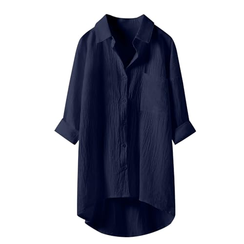 Oversize Shirt Damen musselin Bluse Damen lässiges Langarm hemdbluse elegant blusen Tuniken für v-Ausschnitt 100 Baumwolle solide Sommer Oberteile mit Tasche Marine-b von topuersaiv