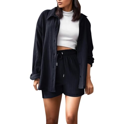 Pyjama Lounge Set Sommer Outfits Zweiteiler Hausanzug elegant Sommerkleid musselin Damen 2 teiler Bluse Outfit Kleidung blusen Grey von topuersaiv