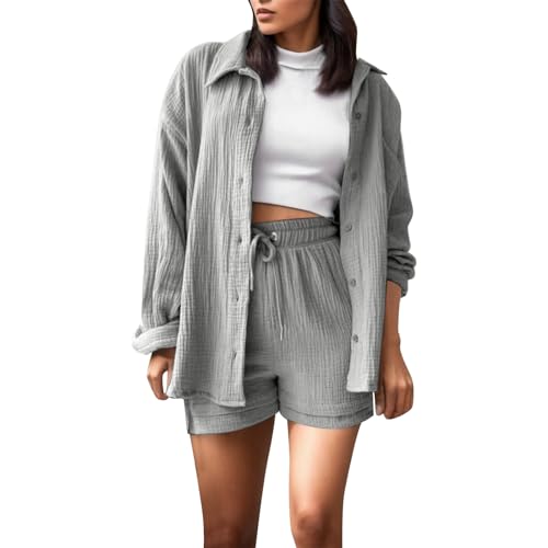 Pyjama Outfits Outfit Sommerkleid Zweiteiler Hausanzug Lounge Set blusen Sommer Kleidung musselin Damen 2 teiler Bluse elegant Grey von topuersaiv