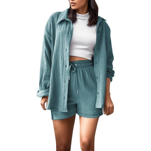Sommer Pyjama Lounge Set 2 teiler Sommerkleid Bluse blusen Zweiteiler Outfit Kleidung Hausanzug elegant Outfits Damen musselin Blau von topuersaiv