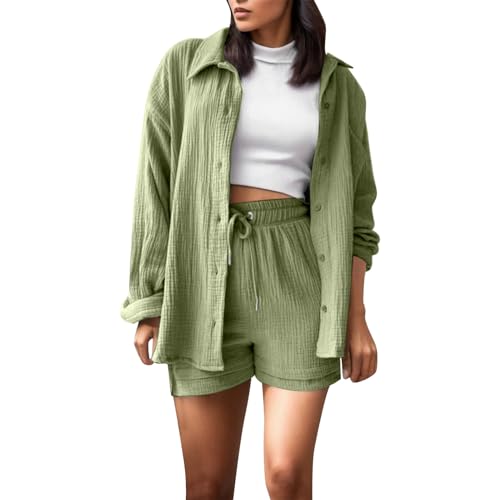 blusen pyjama sommer kleidung hausanzug sommerkleid lounge set bluse outfits musselin zweiteiler damen 2 teiler outfit elegant Grün von topuersaiv
