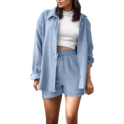elegant Kleidung Pyjama blusen Sommerkleid Outfit Zweiteiler Hausanzug Damen Lounge Set Bluse 2 teiler Sommer Outfits musselin Blau von topuersaiv