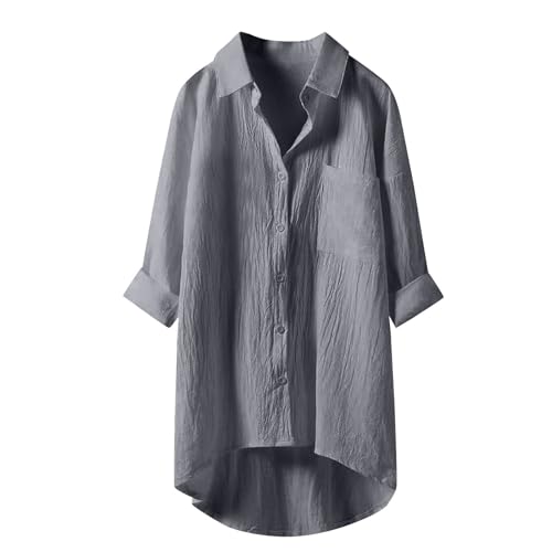 musselin Bluse Damen musselin Bluse Damen lässiges Langarm hemdbluse elegant blusen Tuniken für v-Ausschnitt 100 Baumwolle solide Sommer Oberteile mit Tasche Grey-b 3XL von topuersaiv